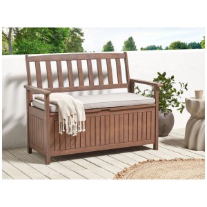 Beliani banc de jardin Sovana en bois foncé avec coussin gris clair et rangement.