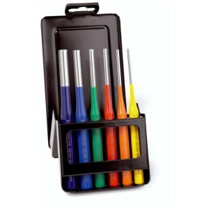 Set di punzoni Rennsteig con 6 utensili in custodia metallica, verniciati a colori.