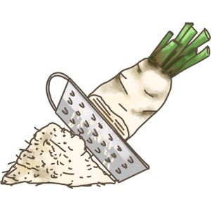 Illustrazione: rafano grattugiato. Blu Bio-Rafano, ortaggio piccante.