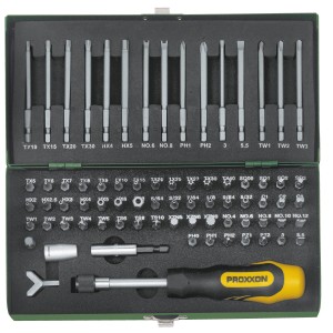 Set di inserti Proxxon da 75 pezzi in custodia d'acciaio: cacciavite, inserti e adattatori per varie applicazioni.
