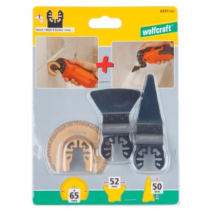 Set de scies vibrantes Wolfcraft Standard, 3 pièces pour réparations de joints, incluant une lame de scie segmentée et un grattoir.