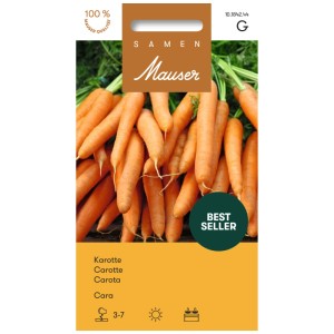Samenpackung Karotte Cara: Süße, orangefarbene Karotten auf dem Cover.