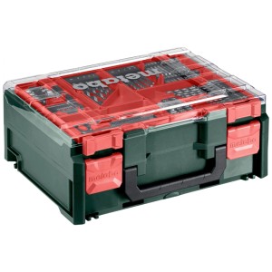 Metabo Zubehör-Set mit Bohrern und Bits in grün-rotem Kunststoffkoffer für Schlagbohrmaschine.
