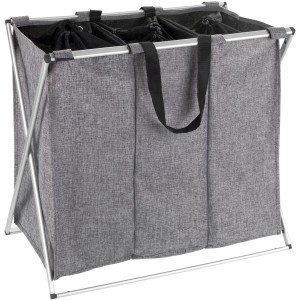 Cesto portabiancheria Wenko Trio, 130 l, grigio mélange, con 3 scomparti e telaio in alluminio.