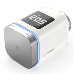 Bosch Smart Home Heizkörper-Thermostat II [+M] in Weiß mit Display und blauer LED-Leiste.