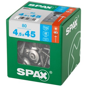 Viti Spax Spengler A2, 4,5x45 mm, con rondelle di tenuta Ø 15 mm, 80 pezzi in scatola verde.