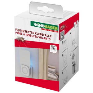 Trappola adesiva per insetti volanti Windhager con luce UV, design in plastica bianca, con confezione.