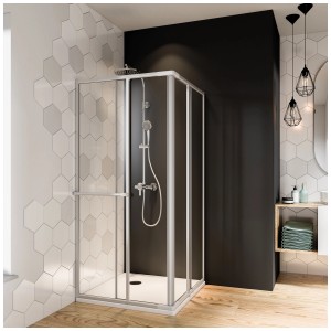 Cabine de douche d'angle Breuer Fara-Kretana avec porte coulissante, argent mat, verre clair, 70-80 cm.