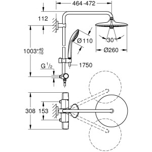 Disegno tecnico: Sistema doccia Grohe Vitalio Joy 260 con miscelatore termostatico, dimensioni e dettagli.