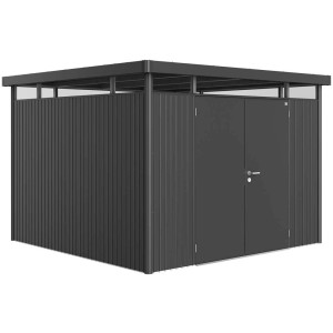 Casetta da giardino Biohort HighLine H6, grigio scuro metallizzato, con doppia porta e tetto piatto.