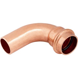 Raccordo a pressare a gomito in rame, 22 mm, 90 gradi per installazioni di tubi in rame.