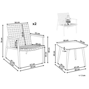 Schizzo del set bistro marrone Ziria: tavolo con 2 sedie in polyrattan, dimensioni e dettagli.