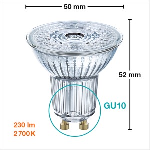 Lampadina LED Osram GU10, 2,6 W, luce bianca calda, non dimmerabile, diametro 5 cm.