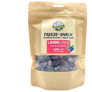 Bellfor Freeze-Snack polmone di agnello con mirtillo, snack premio per cani in confezione marrone.
