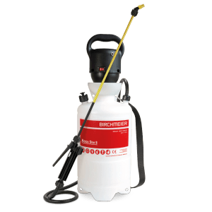Pulvérisateur à batterie Birchmeier Accu Star 8 : Récipient blanc avec lance et bandoulière.