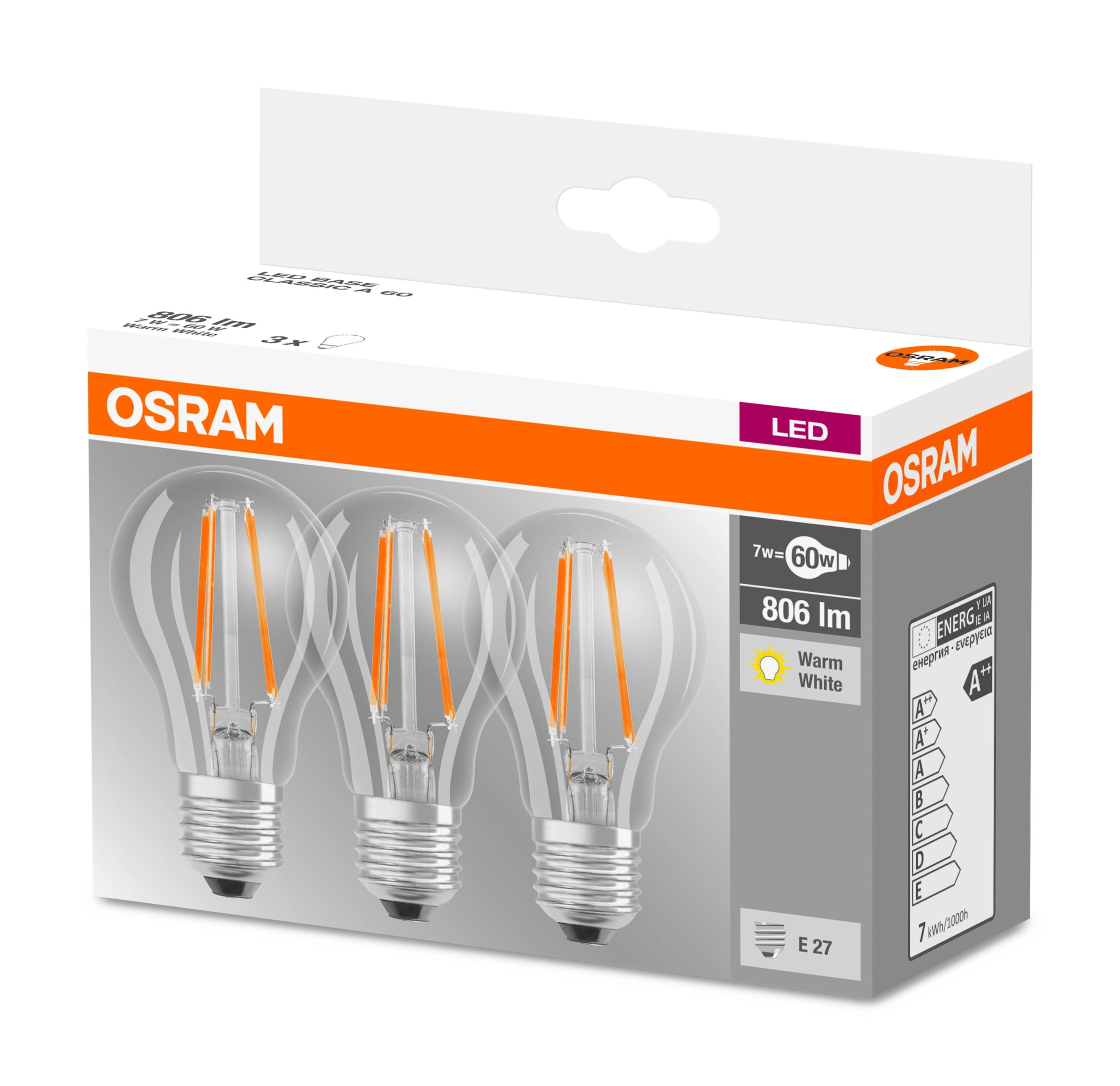 Osram Ampoule LED Base forme classique E27 Blanc chaud 60 W / 806 lm / set  de 3