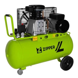 Compresseur Zipper ZI-COM90-10, vert-noir, entraînement par courroie, réservoir 90L, mobile avec roues et manomètres.
