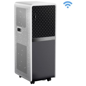 Climatiseur portable Emerio Wifi 9000 BTU/h blanc et gris avec roulettes et symbole Wifi.
