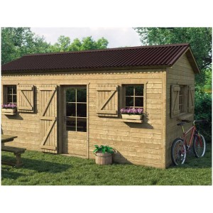 Abri de jardin en bois avec toiture bitumée Onduline marron. Faîtage pour une protection durable.