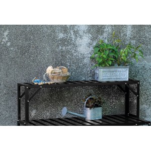 Mensola superiore nera Halls per tavolo indipendente con piante e accessori da giardinaggio.