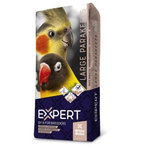 Witte Molen Expert cibo per parrocchetti, sacco da 20kg con immagine di parrocchetto.