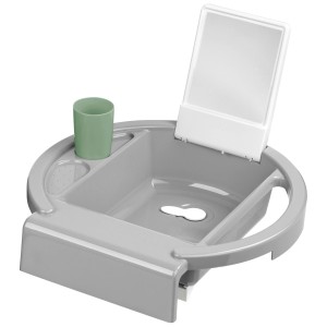 Lavabo pour enfant Rotho Kiddy Wash gris avec gobelet, miroir et porte-savon pour baignoire.
