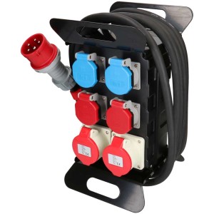 Distributeur de courant de chantier avec 2x T23, 2x T25, 2x CEE 16A, câble de 5m. Distributeur robuste pour chantiers.