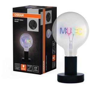 Lampada da tavolo a LED nera Osram 1906 Letter Table Music con scritta multicolore.