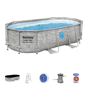 Set piscina Bestway Power Steel Frame con design effetto pietra, scaletta, pompa e accessori.