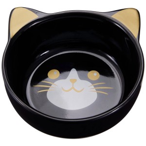 Gamelle en céramique noire avec motif chat, Ø 13,1 cm, idéale pour nourriture ou eau.