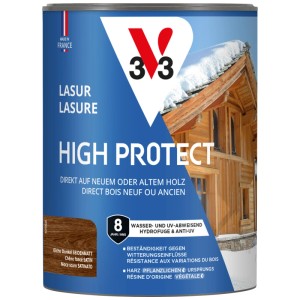 Impregnante per legno V33 High Protect marrone scuro, tonalità Rovere Scuro, finitura satinata, per protezione dagli agenti atmosferici a lunga durata.