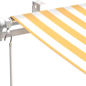 Dettaglio: tenda da sole a braccio Aventura, 3x2m, a righe gialle e bianche, con manovella.