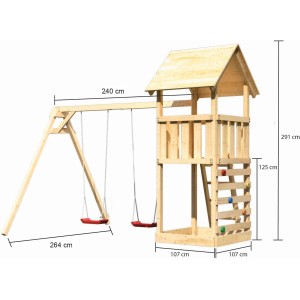 Tour de jeu en bois Karibu Lotti avec balançoire double et mur d'escalade, avec dimensions.