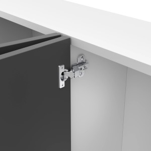 Cerniera Hettich Mini per mobili, montaggio a pannello centrale, fissata ad anta grigia.