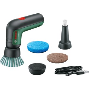 Brosse sans fil Bosch Universal Brush avec têtes de brosse, tampons et câble de charge.