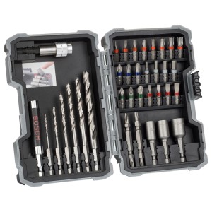 Set Bosch Pro 35 pezzi per legno in valigetta aperta con punte, inserti e supporti.