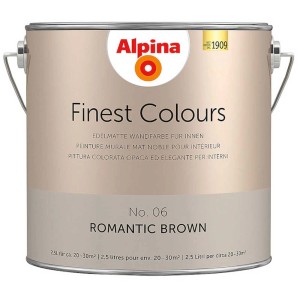 Barattolo di pittura murale Alpina Finest Colours Romantic Brown, 2,5 l. Vernice per interni marrone opaco.