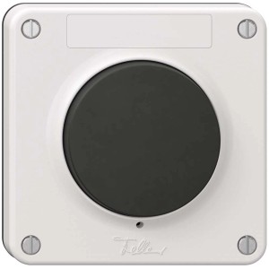 Pulsante campanello Feller Nevo IP55 bianco con pulsante nero e campo etichetta.