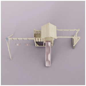 Torre gioco OutdoorToys Helsingborg in legno con altalena e scivolo rosa.