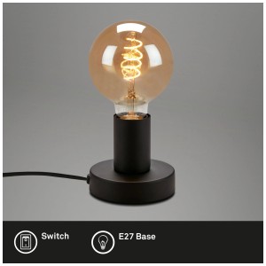 Lampe de table noire Briloner avec douille E27 et interrupteur à câble.