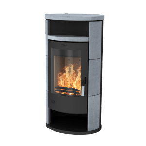 Poêle à bois Fireplace Alicante avec habillage en stéatite, 8 kW, noir. Flamme visible.