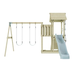 Altalena per bambini PolarPlay Uppsala blu ghiaccio con torre giochi e scivolo in legno.