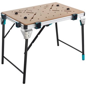 Banco da lavoro Wolfcraft Master Work 1600 con piano in MDF, telaio pieghevole e opzioni di serraggio.