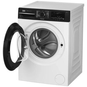 Lave-linge frontal Beko WM321 blanc, 8 kg, 1400 tr/min, avec porte ouverte et panneau de commande.