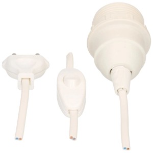 Douille E27 blanche avec prise, interrupteur et culot pour installation de lampe.