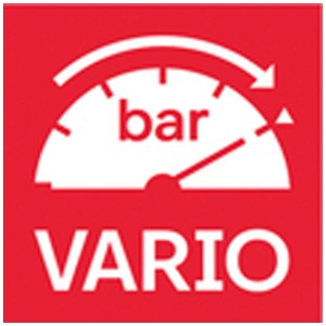 Icona rossa: manometro con 'bar' e 'VARIO', simboleggia la pressione di esercizio regolabile dell'irroratrice Metabo.
