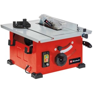 Scie circulaire sur table Einhell TC-TS 210 : Scie rouge compacte avec table grise et protection de lame transparente.