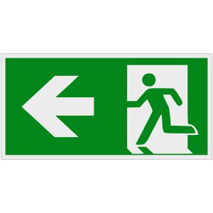 Panneau vert : Issue de secours avec flèche vers la gauche, 30x15 cm.