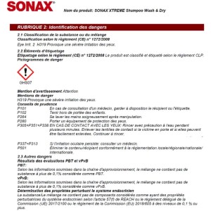 Etichetta di Sonax Shampoo Xtreme 2in1 con informazioni sui pericoli e sulla sicurezza.