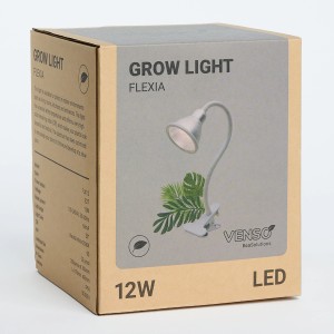 Confezione della lampada per piante a LED Venso E27 Flexia 12W con motivo vegetale e morsetto.